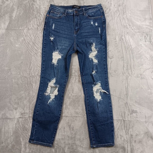 Judy Blue Sz 13/31 Distressed Jeans Boyfriend Fit Ripped Denim Dark Wash Womens - Picture 2 of 11